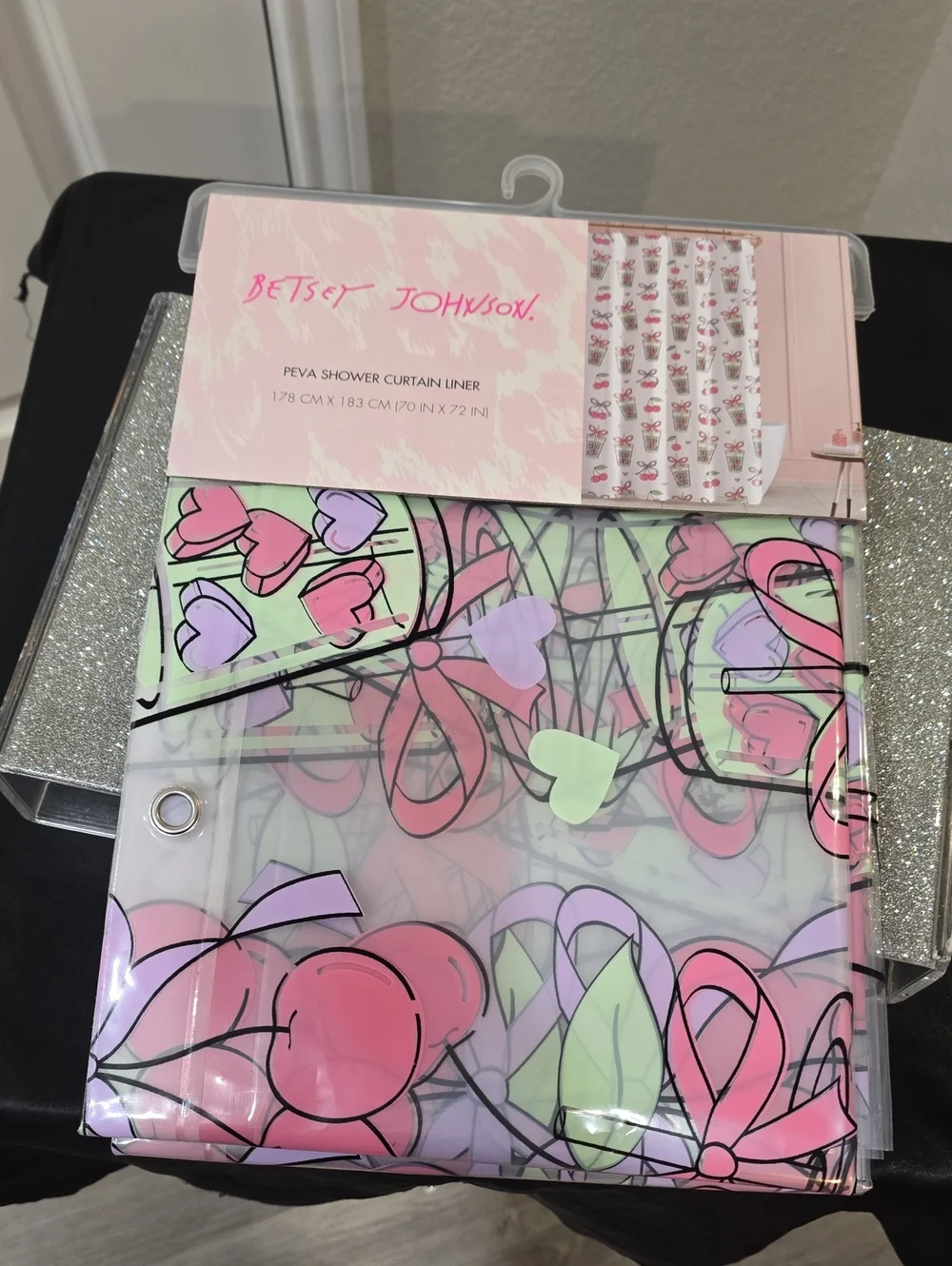 Betsey Johnson Matcha & Cherry Print PEVA Shower Curtain Liner